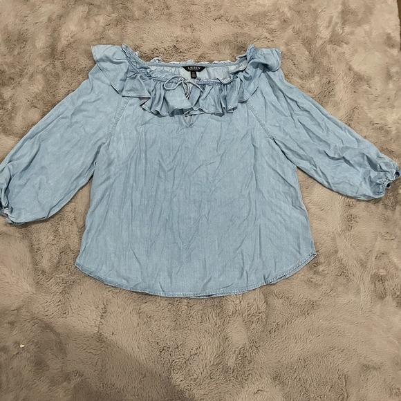 Lauren Ralph Lauren Women L Chambray Blue Denim Ruffle Trim Blouse Off-Shoulder - Picture 5 of 14